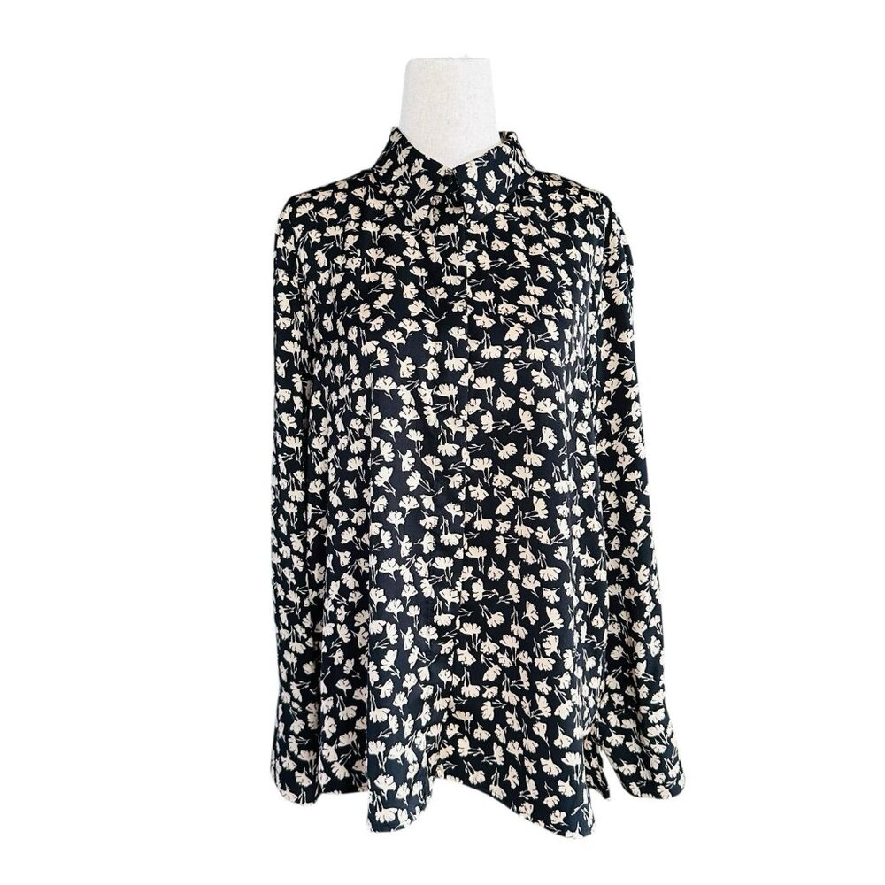 MNG Mango Black Floral Blouse Sz M Medium 6 Button Down Long Sleeve Black Beige